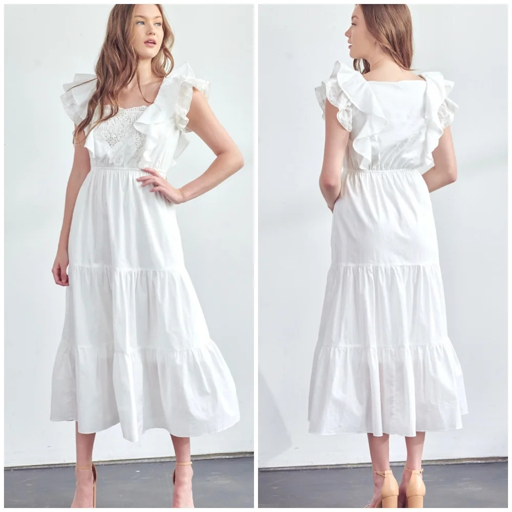 POLAGRAM White Embroidered Crochet Tiered Midi Dress - Picture 5 of 8